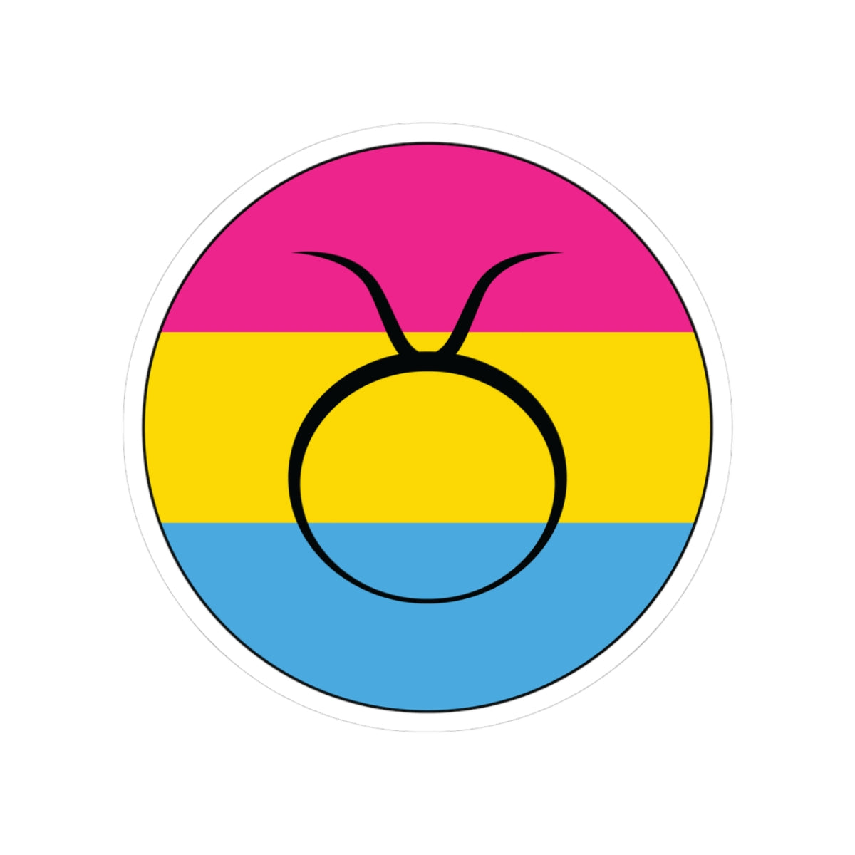 Circular pansexual pride flag zodiac sticker with a thin black outline and white sticker border, featuring a centered black Taurus zodiac glyph. The sticker is shown on a white background.