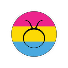 Circular pansexual pride flag zodiac sticker with a thin black outline and white sticker border, featuring a centered black Taurus zodiac glyph. The sticker is shown on a white background.
