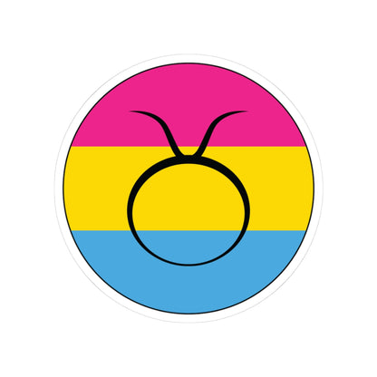 Circular pansexual pride flag zodiac sticker with a thin black outline and white sticker border, featuring a centered black Taurus zodiac glyph. The sticker is shown on a white background.