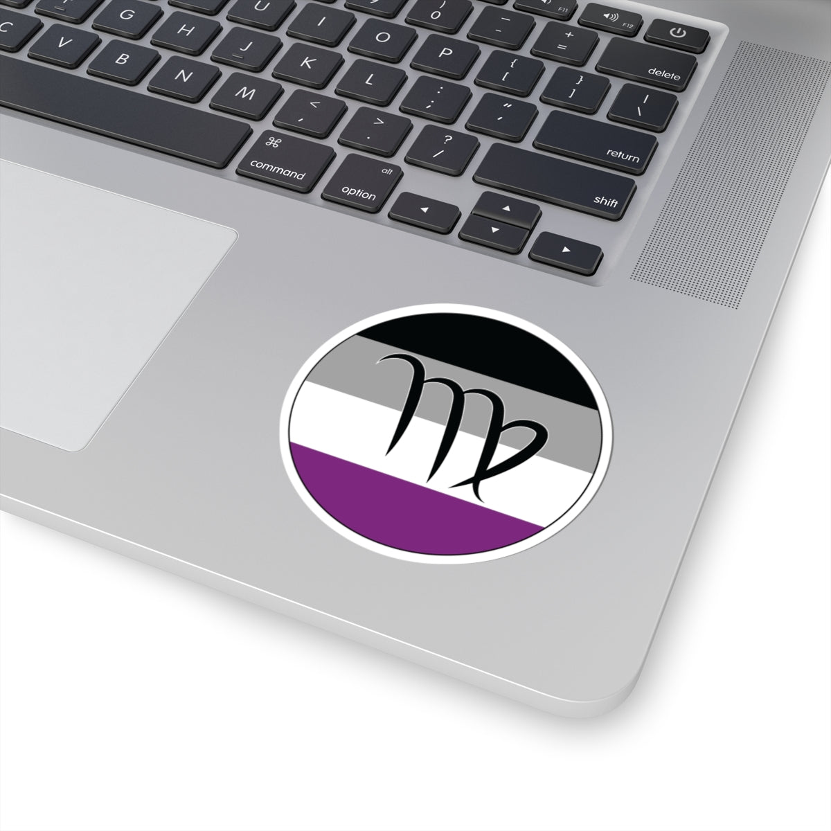 Close-up of the bottom right corner of a silver laptop featuring a 3 inch by 3 inch circular zodiac sticker with a centered Virgo glyph on an Asexual pride flag style background applied to the surface.