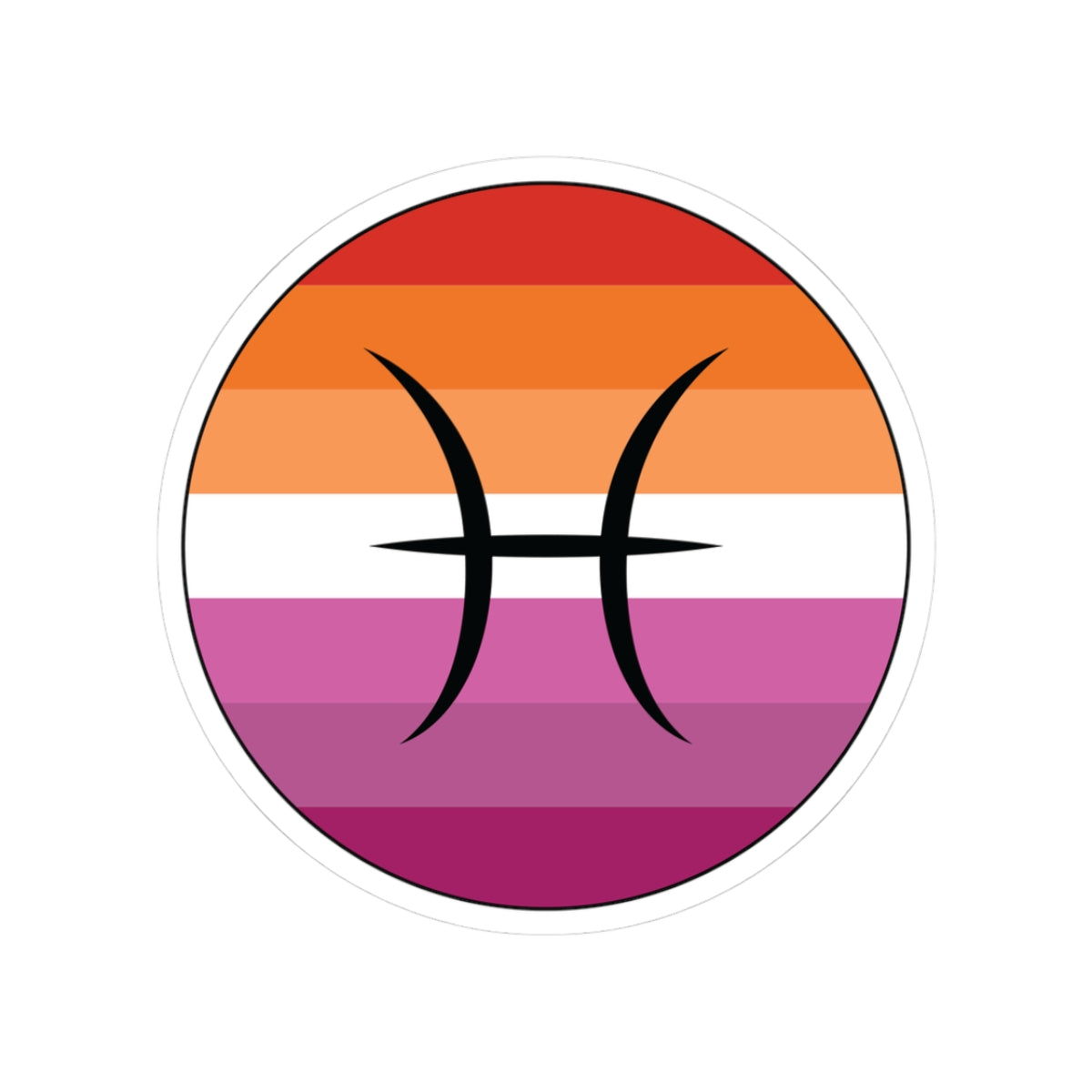 Circular lesbian pride flag zodiac sticker with a thin black outline and white sticker border, featuring a centered black Pisces zodiac glyph. The sticker is shown on a white background.