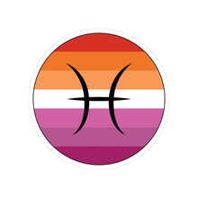 Circular lesbian pride flag zodiac sticker with a thin black outline and white sticker border, featuring a centered black Pisces zodiac glyph. The sticker is shown on a white background.