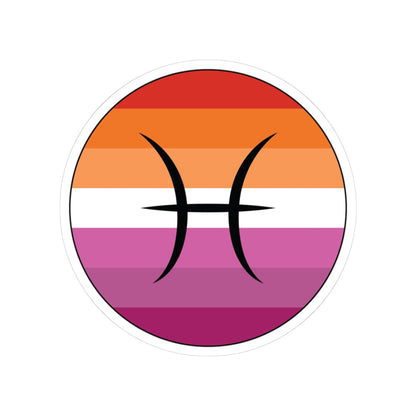 Circular lesbian pride flag zodiac sticker with a thin black outline and white sticker border, featuring a centered black Pisces zodiac glyph. The sticker is shown on a white background.
