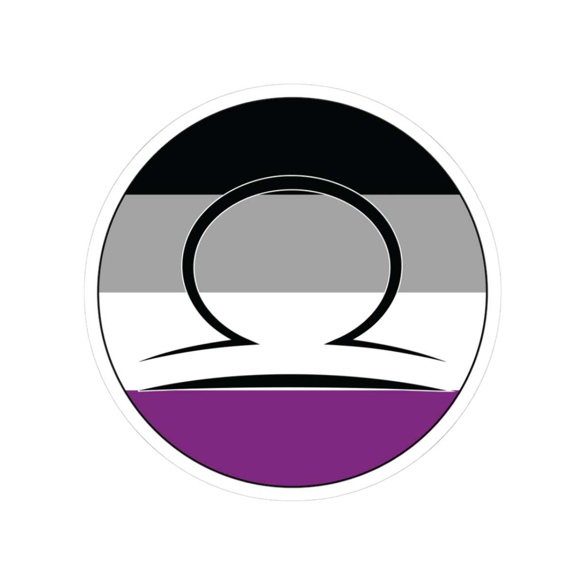 Circular asexual pride flag zodiac sticker with a thin black outline and white sticker border, featuring a centered black Libra zodiac glyph. The sticker is shown on a white background.