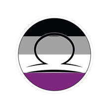 Circular asexual pride flag zodiac sticker with a thin black outline and white sticker border, featuring a centered black Libra zodiac glyph. The sticker is shown on a white background.
