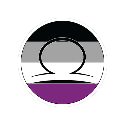 Circular asexual pride flag zodiac sticker with a thin black outline and white sticker border, featuring a centered black Libra zodiac glyph. The sticker is shown on a white background.