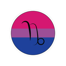 Circular bisexual pride flag zodiac sticker with a thin black outline and white sticker border, featuring a centered black Capricorn zodiac glyph. The sticker is shown on a white background.