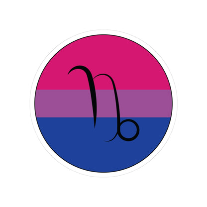 Circular bisexual pride flag zodiac sticker with a thin black outline and white sticker border, featuring a centered black Capricorn zodiac glyph. The sticker is shown on a white background.