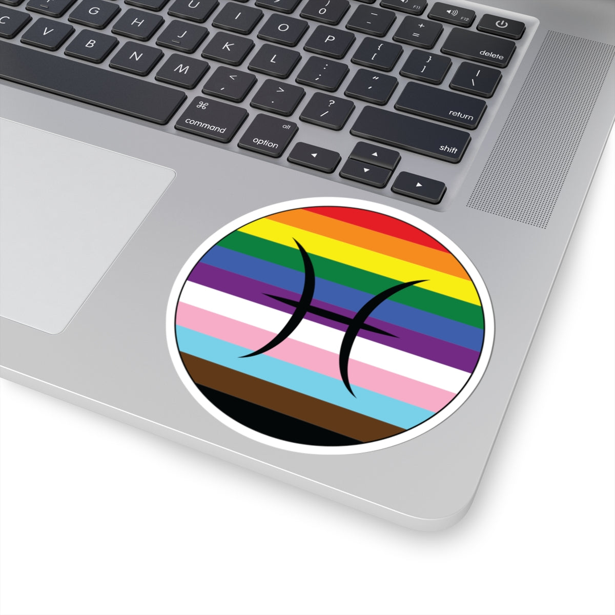 Close-up of the bottom right corner of a silver laptop featuring a 4 inch by 4 inch circular zodiac sticker with a centered Pisces glyph on a progress pride flag style background applied to the surface.