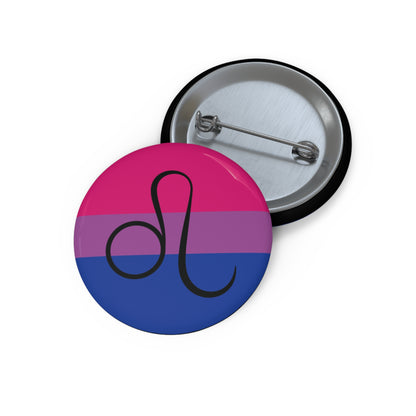 Front and back view of a circular bisexual pride flag button featuring the Leo zodiac symbol in black centered on the front.