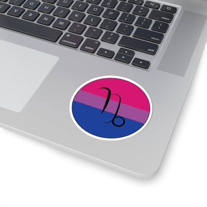 Close-up of the bottom right corner of a silver laptop featuring a 3 inch by 3 inch circular zodiac sticker with a centered Capricorn glyph on a Bisexual pride flag style background applied to the surface.