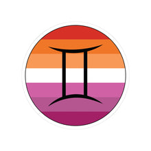 Circular lesbian pride flag zodiac sticker with a thin black outline and white sticker border, featuring a centered black Gemini zodiac glyph. The sticker is shown on a white background.