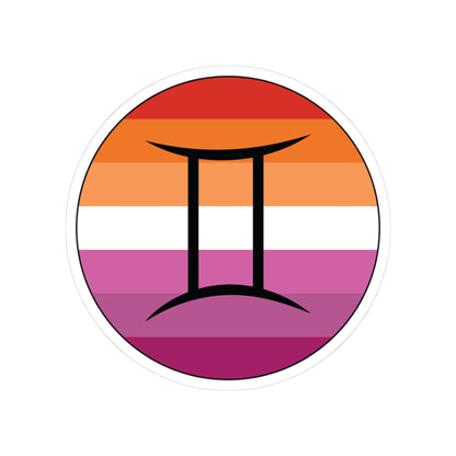 Circular lesbian pride flag zodiac sticker with a thin black outline and white sticker border, featuring a centered black Gemini zodiac glyph. The sticker is shown on a white background.
