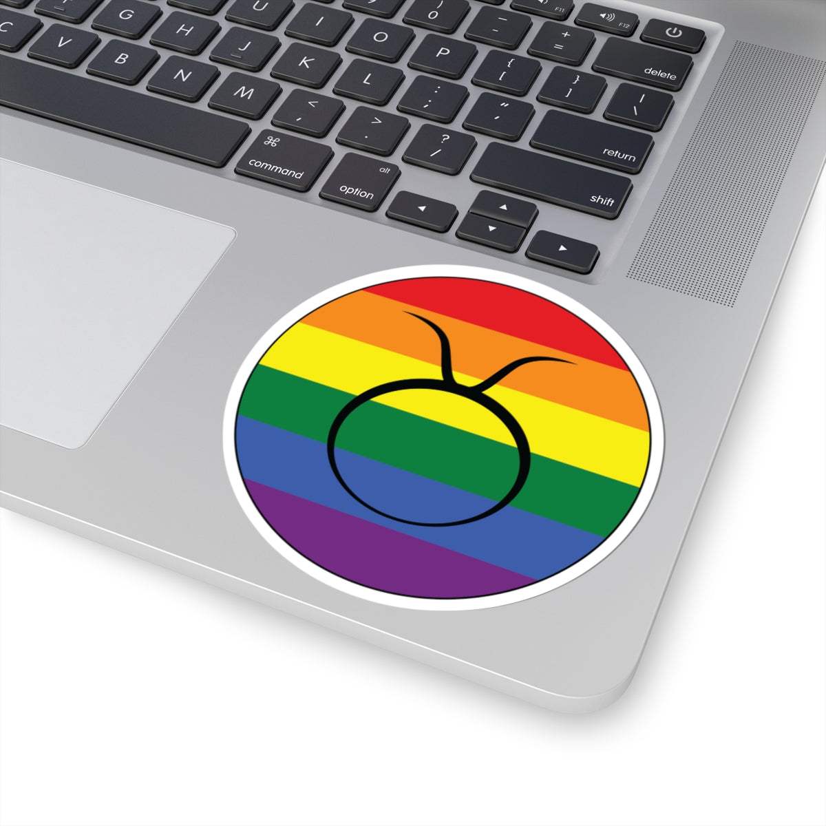 Close-up of the bottom right corner of a silver laptop featuring a 4 inch by 4 inch circular zodiac sticker with a centered Taurus glyph on a Rainbow pride flag style background applied to the surface.