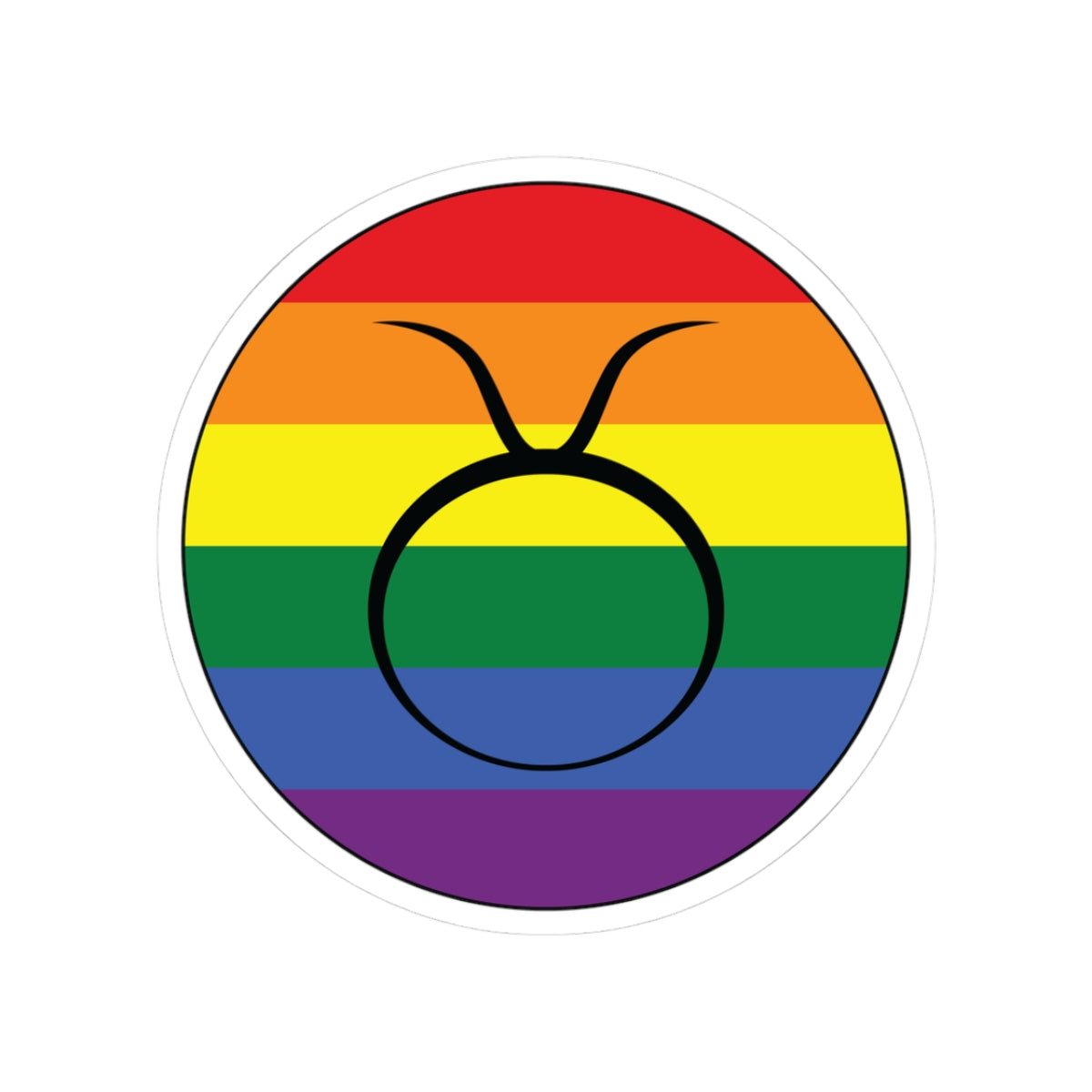 Circular rainbow pride flag zodiac sticker with a thin black outline and white sticker border, featuring a centered black Taurus zodiac glyph. The sticker is shown on a white background.