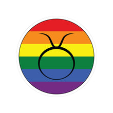 Circular rainbow pride flag zodiac sticker with a thin black outline and white sticker border, featuring a centered black Taurus zodiac glyph. The sticker is shown on a white background.