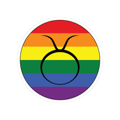 Circular rainbow pride flag zodiac sticker with a thin black outline and white sticker border, featuring a centered black Taurus zodiac glyph. The sticker is shown on a white background.