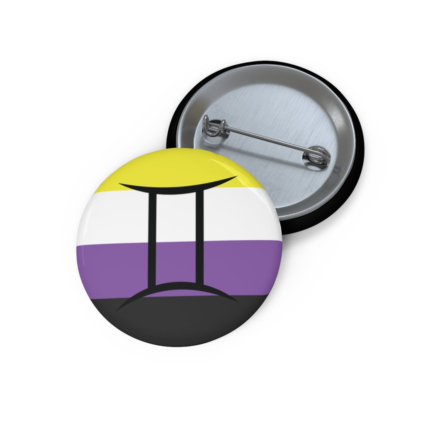 Front and back view of a circular nonbinary pride flag button featuring the Gemini zodiac symbol in black centered on the front.