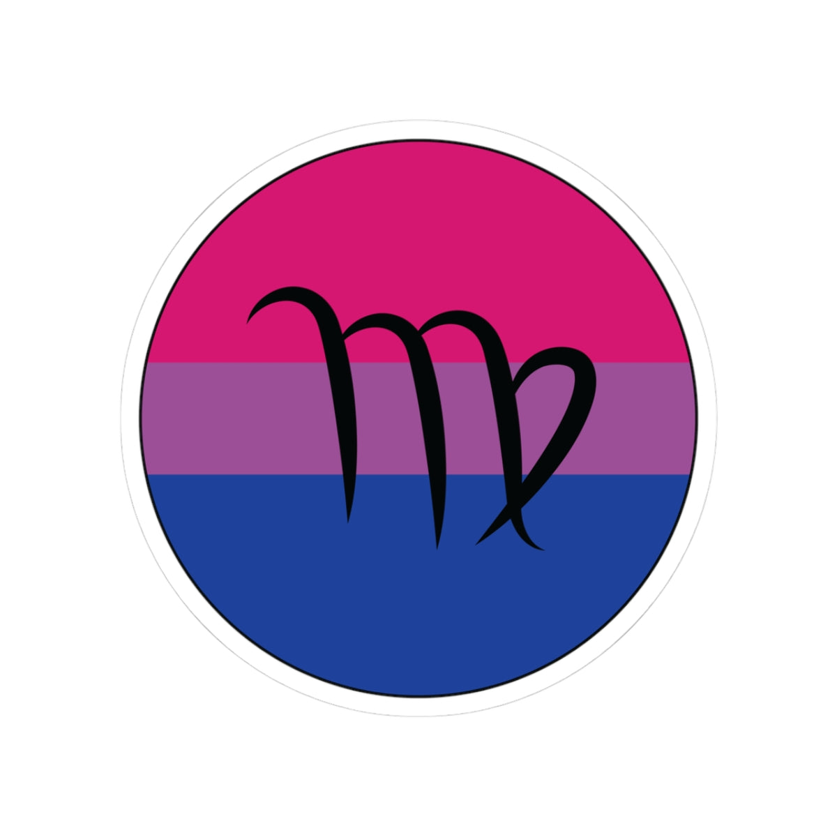 Circular bisexual pride flag zodiac sticker with a thin black outline and white sticker border, featuring a centered black Virgo zodiac glyph. The sticker is shown on a white background.