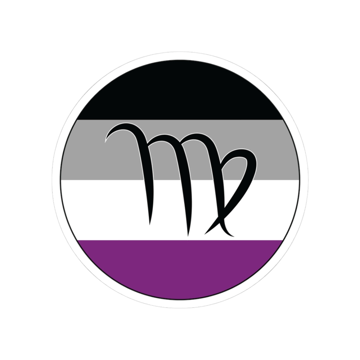 Circular asexual pride flag zodiac sticker with a thin black outline and white sticker border, featuring a centered black Virgo zodiac glyph. The sticker is shown on a white background.