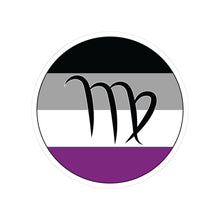 Circular asexual pride flag zodiac sticker with a thin black outline and white sticker border, featuring a centered black Virgo zodiac glyph. The sticker is shown on a white background.