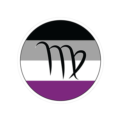 Circular asexual pride flag zodiac sticker with a thin black outline and white sticker border, featuring a centered black Virgo zodiac glyph. The sticker is shown on a white background.