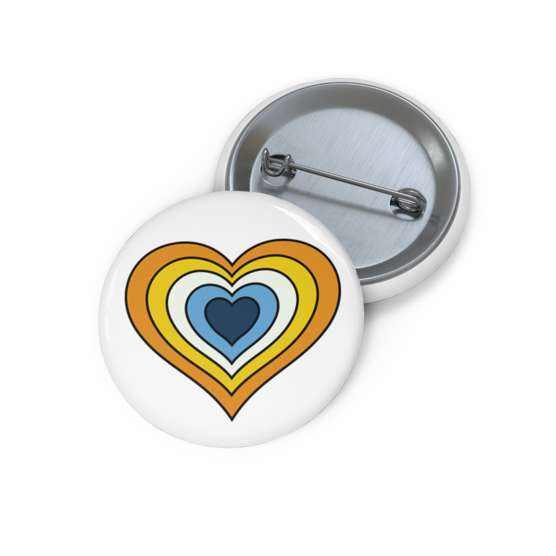 Front and back view of a white circular button with a heart-shaped aroace flag image. The button is shown on a white background.