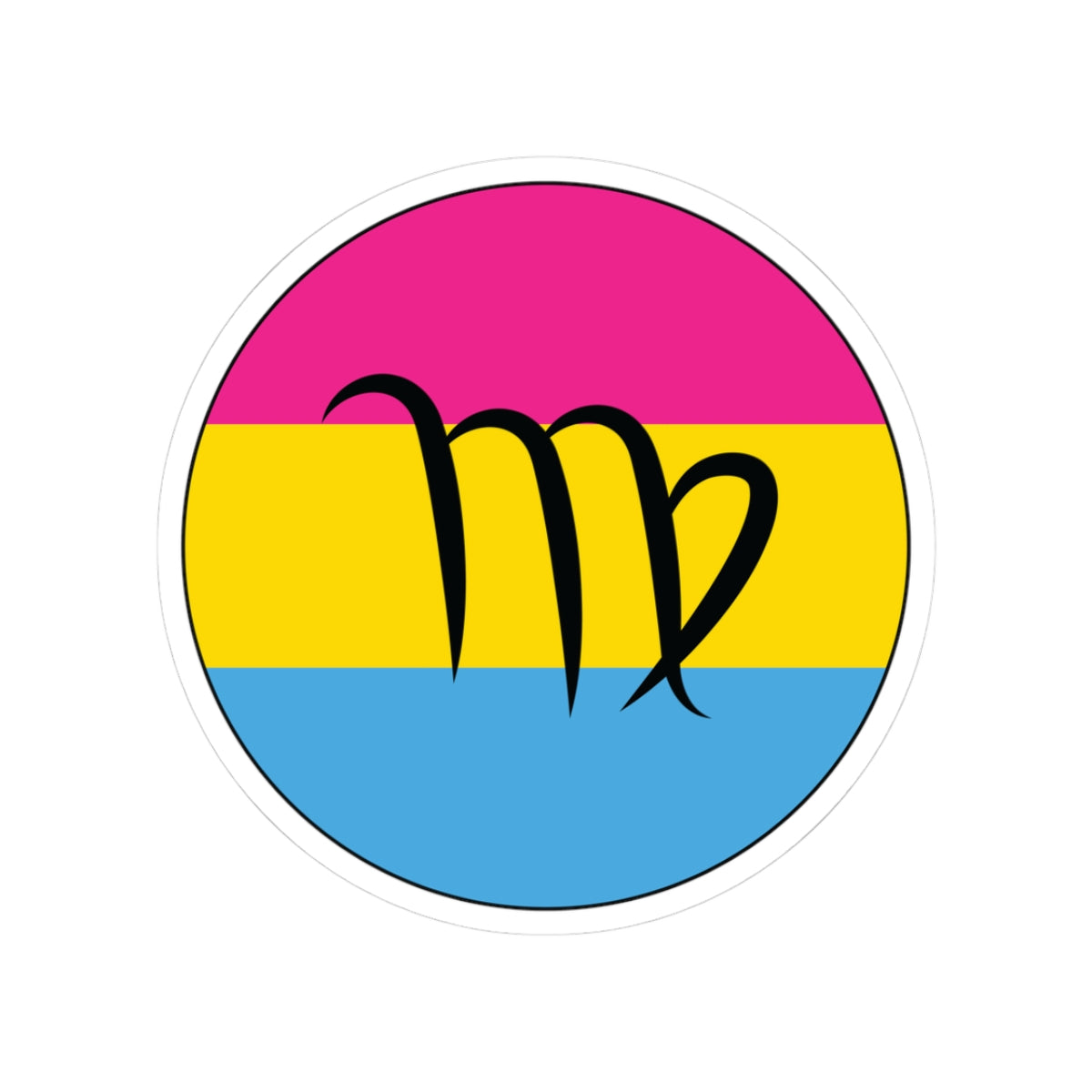 Circular pansexual pride flag zodiac sticker with a thin black outline and white sticker border, featuring a centered black Virgo zodiac glyph. The sticker is shown on a white background.