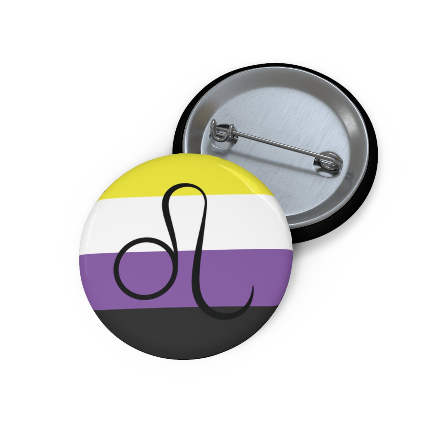 Front and back view of a circular nonbinary pride flag button featuring the Leo zodiac symbol in black centered on the front.