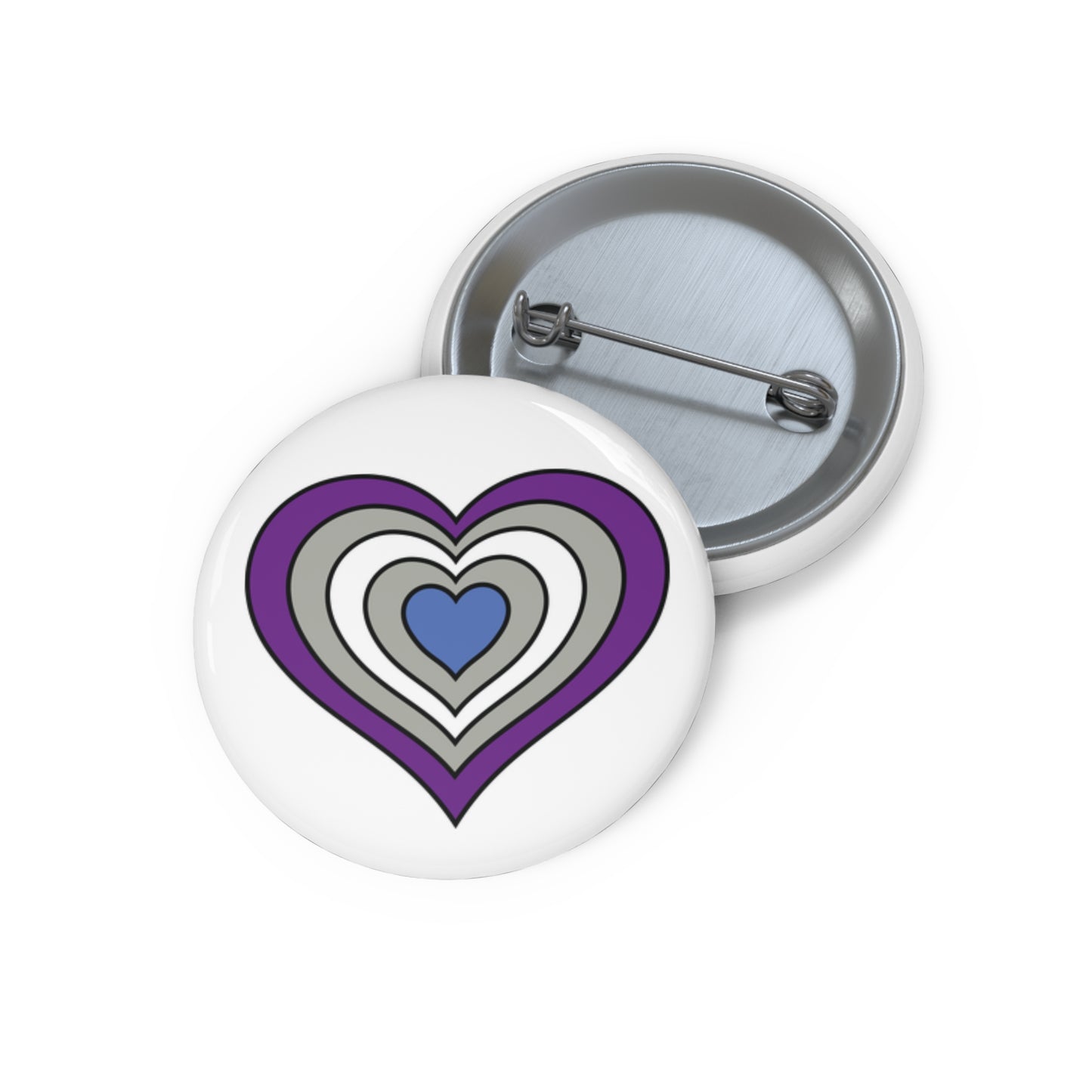 Front and back view of a white circular button with a heart-shaped greysexual flag image. The button is shown on a white background.