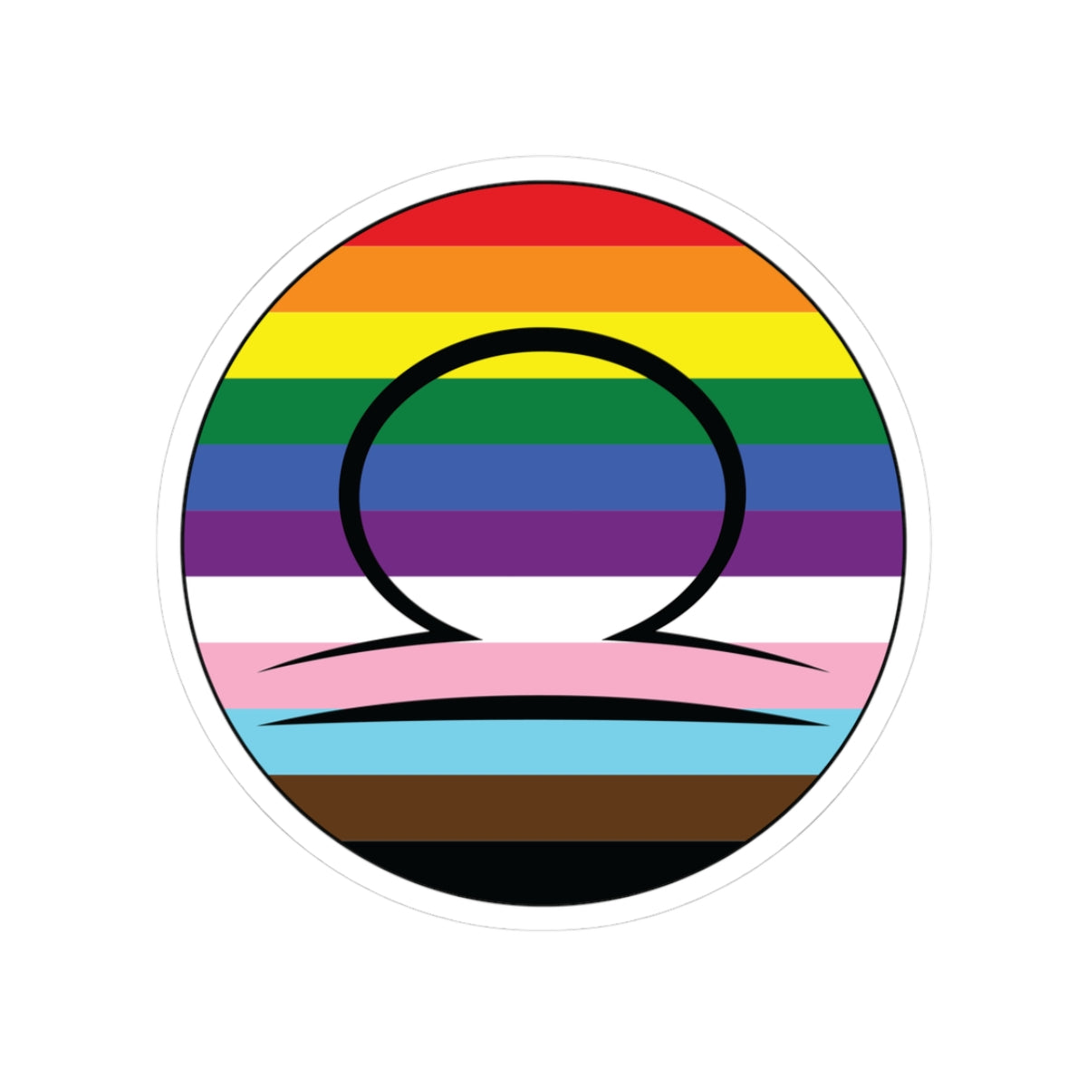 Circular progress pride flag zodiac sticker with a thin black outline and white sticker border, featuring a centered black Libra zodiac glyph. The sticker is shown on a white background.