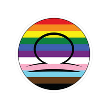 Circular progress pride flag zodiac sticker with a thin black outline and white sticker border, featuring a centered black Libra zodiac glyph. The sticker is shown on a white background.