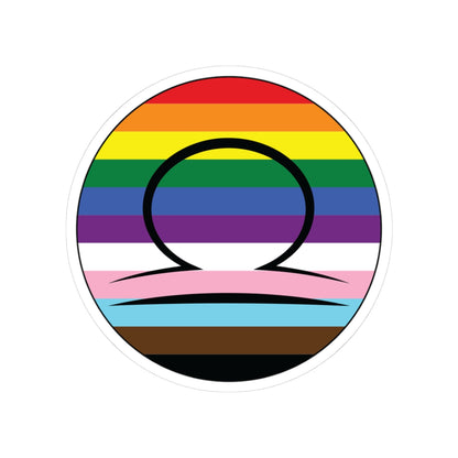 Circular progress pride flag zodiac sticker with a thin black outline and white sticker border, featuring a centered black Libra zodiac glyph. The sticker is shown on a white background.