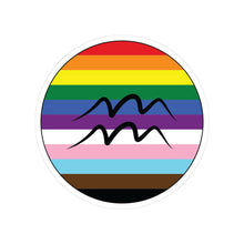 Circular progress pride flag zodiac sticker with a thin black outline and white sticker border, featuring a centered black Aquarius zodiac glyph. The sticker is shown on a white background.