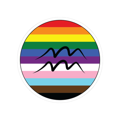 Circular progress pride flag zodiac sticker with a thin black outline and white sticker border, featuring a centered black Aquarius zodiac glyph. The sticker is shown on a white background.