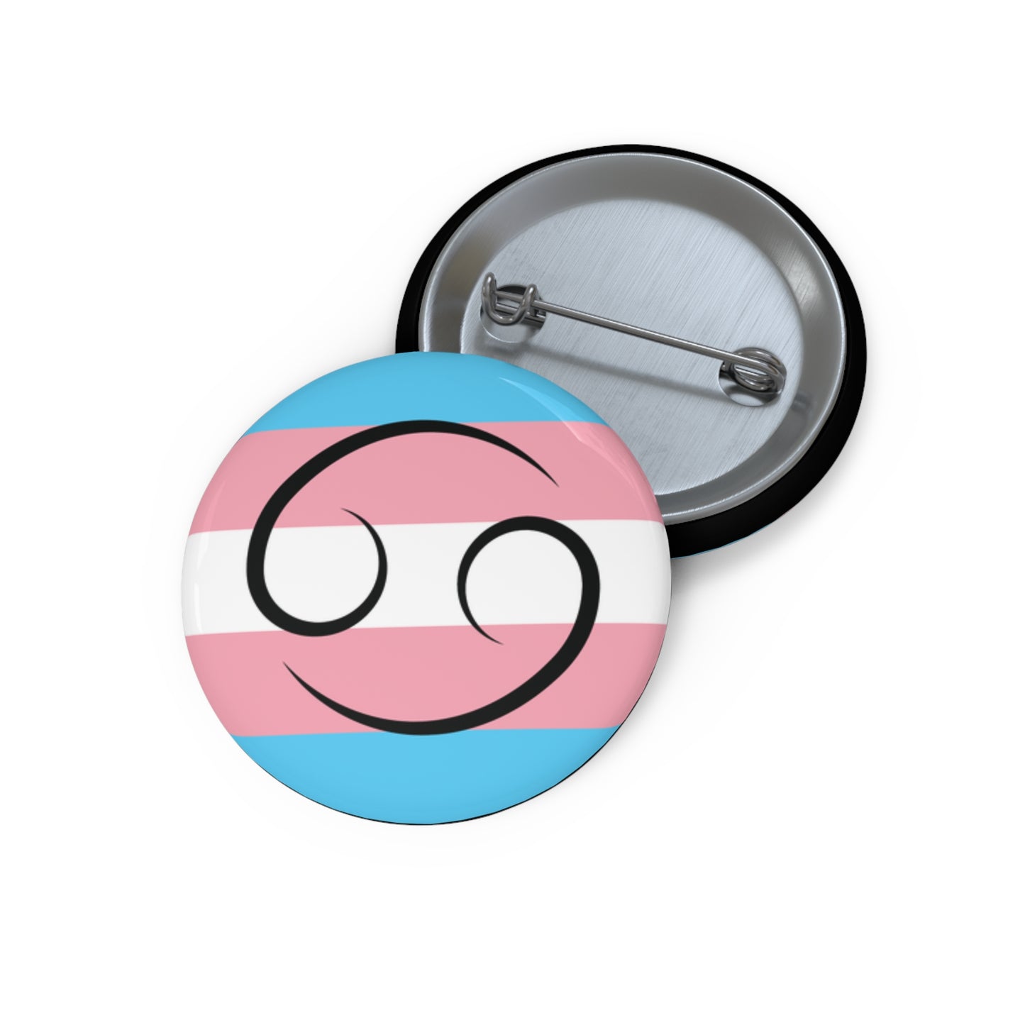 Front and back view of a circular transgender pride flag button featuring the Cancer zodiac symbol in black centered on the front.
