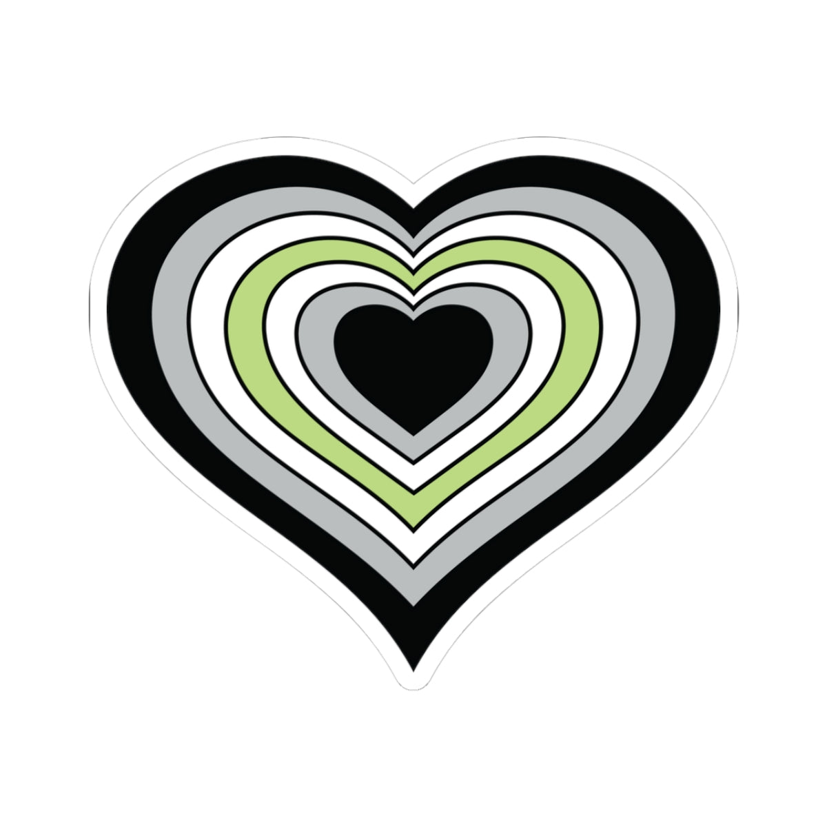 Heart-shaped agender pride flag sticker featuring nested heart stripes in black, gray, white, light green, white, gray, and black, outlined with a thin black border and a white sticker border. The sticker is shown on a white background.
