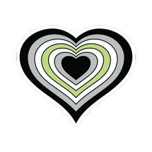Heart-shaped agender pride flag sticker featuring nested heart stripes in black, gray, white, light green, white, gray, and black, outlined with a thin black border and a white sticker border. The sticker is shown on a white background.