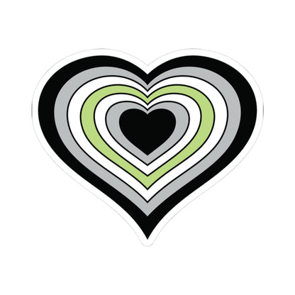 Heart-shaped agender pride flag sticker featuring nested heart stripes in black, gray, white, light green, white, gray, and black, outlined with a thin black border and a white sticker border. The sticker is shown on a white background.