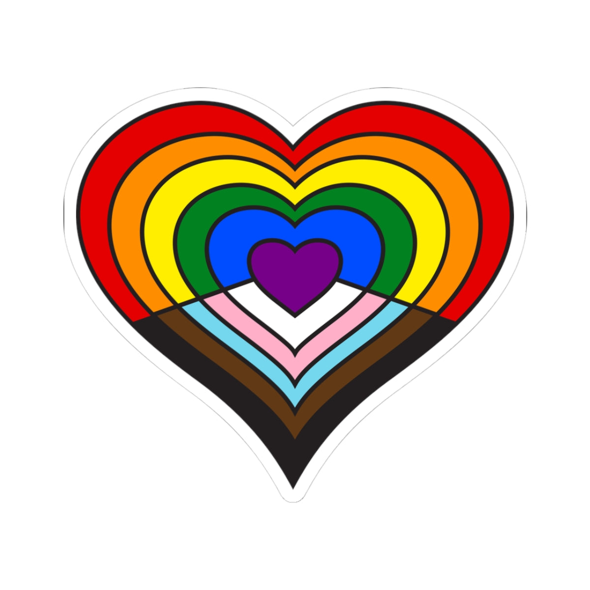 Heart-shaped intersex-inclusive progress pride flag sticker featuring nested heart stripes in black, brown, light blue, pink, and white on the bottom half with a purple center heart, and stripes of red, orange, yellow, green, and blue on the top half - outlined with a thin black border and a white sticker border. The sticker is shown on a white background.