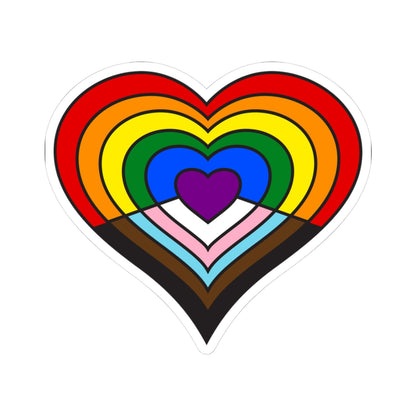 Heart-shaped intersex-inclusive progress pride flag sticker featuring nested heart stripes in black, brown, light blue, pink, and white on the bottom half with a purple center heart, and stripes of red, orange, yellow, green, and blue on the top half - outlined with a thin black border and a white sticker border. The sticker is shown on a white background.