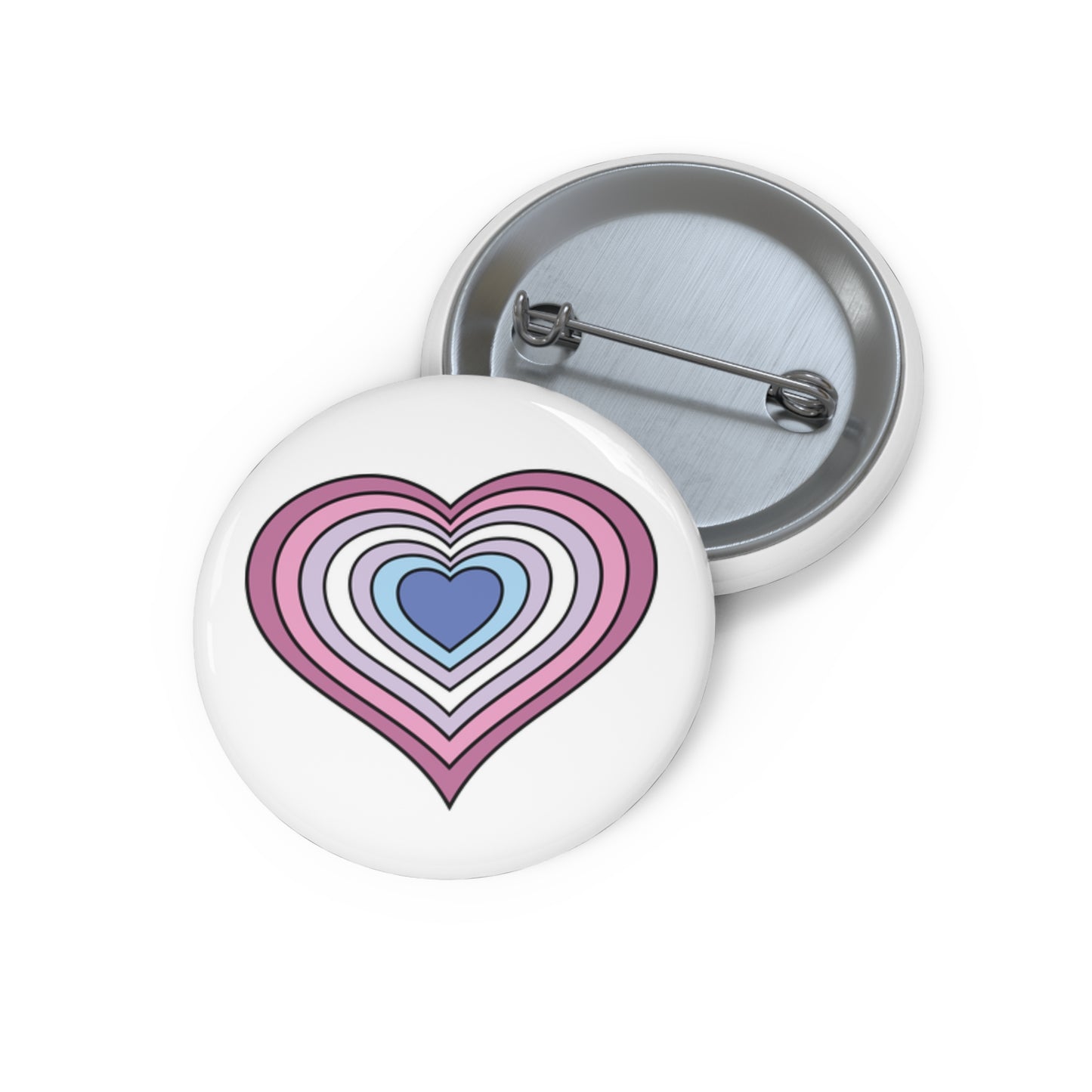 Front and back view of a white circular button with a heart-shaped bigender flag image. The button is shown on a white background.