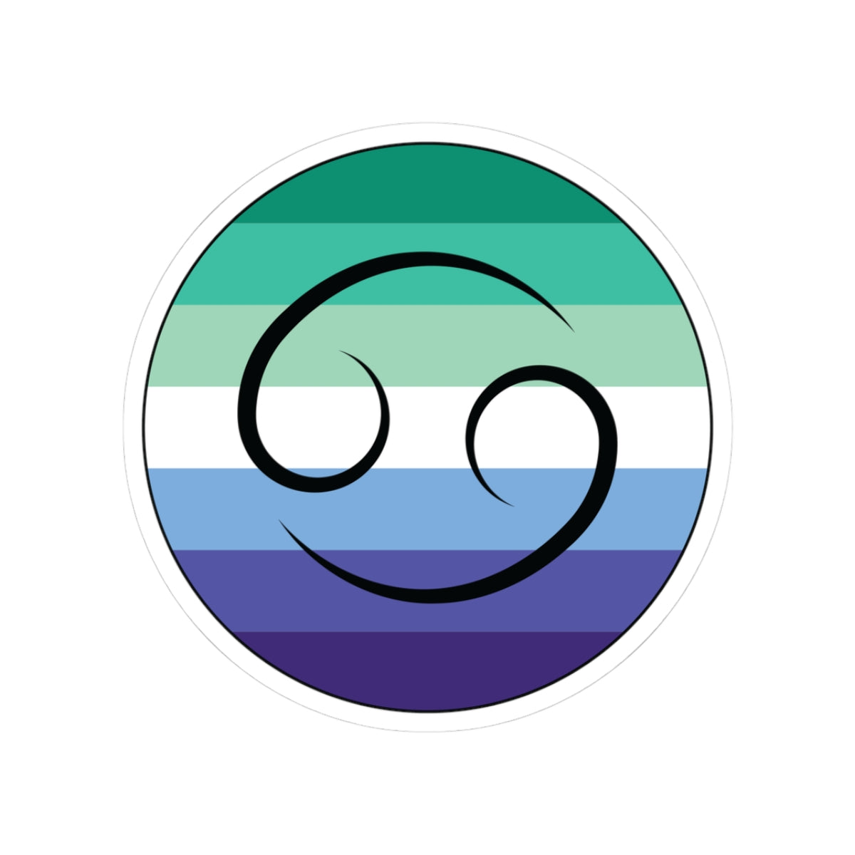 Circular gay men pride flag zodiac sticker with a thin black outline and white sticker border, featuring a centered black Cancer zodiac glyph. The sticker is shown on a white background.