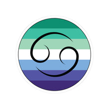 Circular gay men pride flag zodiac sticker with a thin black outline and white sticker border, featuring a centered black Cancer zodiac glyph. The sticker is shown on a white background.