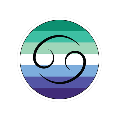 Circular gay men pride flag zodiac sticker with a thin black outline and white sticker border, featuring a centered black Cancer zodiac glyph. The sticker is shown on a white background.