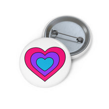 Front and back view of a white circular button with a heart-shaped androgyne flag image. The button is shown on a white background.