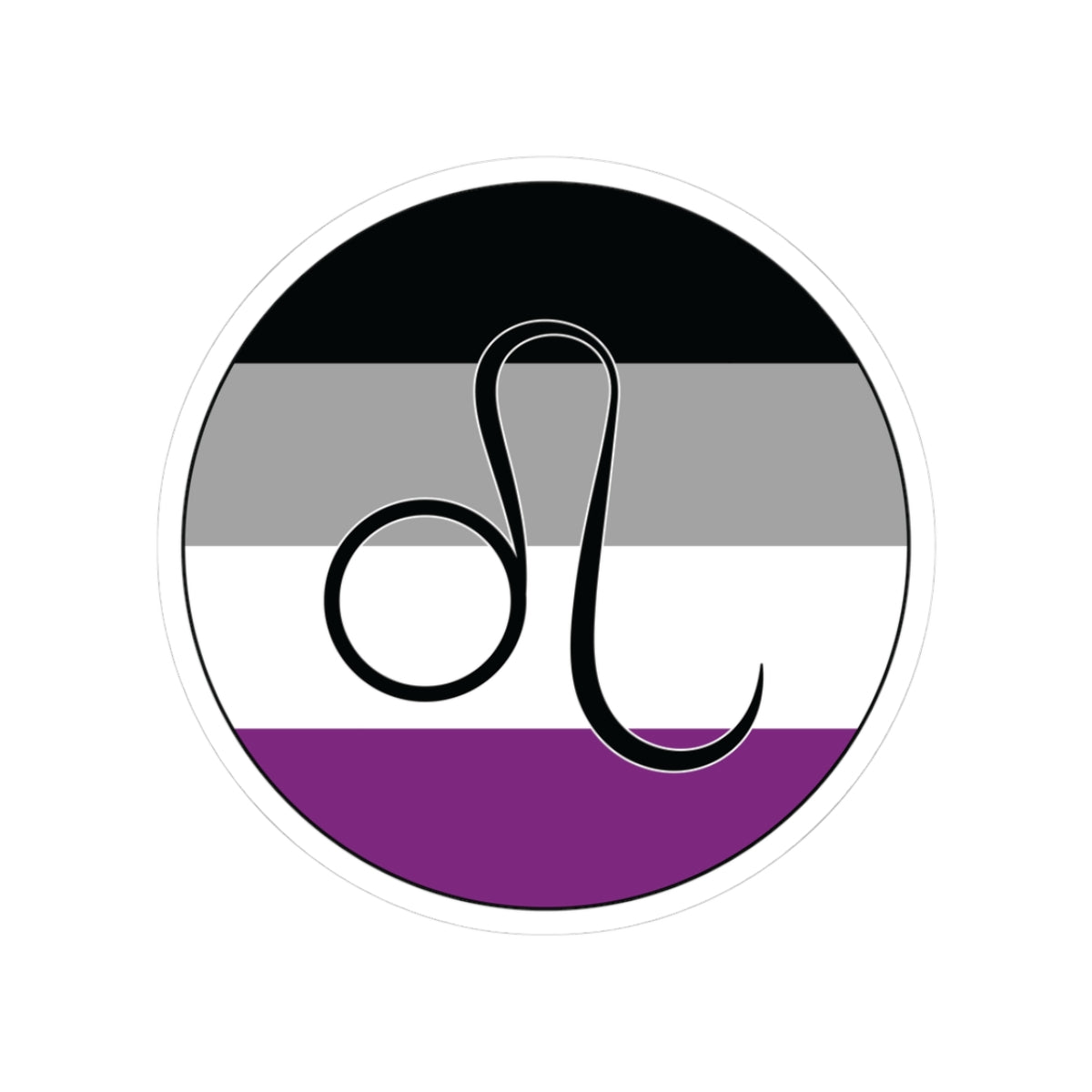 Circular asexual pride flag zodiac sticker with a thin black outline and white sticker border, featuring a centered black Leo zodiac glyph. The sticker is shown on a white background.