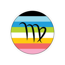 Circular queer pride flag zodiac sticker with a thin black outline and white sticker border, featuring a centered black Virgo zodiac glyph. The sticker is shown on a white background.
