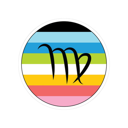 Circular queer pride flag zodiac sticker with a thin black outline and white sticker border, featuring a centered black Virgo zodiac glyph. The sticker is shown on a white background.