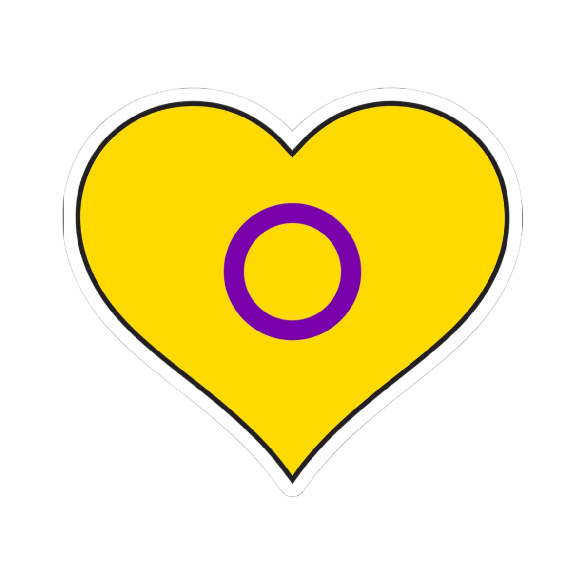 Heart-shaped intersex pride flag sticker with a yellow heart and a purple circle centered inside the heart, outlined with a thin black border and a white sticker border. The sticker is shown on a white background.
